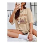Trendseninle Keep Smiling Bej Oversize Bisiklet Yaka Kadın T-shirt