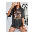 Trendseninle Keep Smiling Füme Oversize Bisiklet Yaka Kadın T-shirt