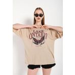 Trendseninle Lake Ontario Baskılı Vizon Oversize Kadın T-shirt