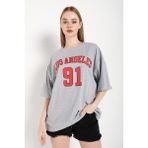 Trendseninle Los Angeles 91 Baskılı Gri Gri Oversize Kadın T-shirt