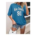 Trendseninle Los Angeles 91 Baskılı İndigo Mavi Oversize Kadın T-shirt