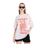 Trendseninle Lucky You Baskılı Pudra Pembe Oversize Kadın T-shirt