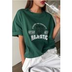 Trendseninle Majestic Nefti Yeşil Baskılı Bisiklet Yaka Oversize Kadın T-shirt