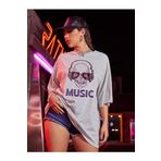 Trendseninle Music Ön Baskılı Gri Oversize Kadın T-shirt