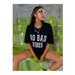 Trendseninle No Bad Vıbes Baskılı Siyah Oversize Kadın T-shirt