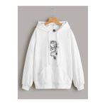 Trendseninle Önü Ejder Baskılı Beyaz Oversize Kapüşonlu Hoodie Kadın Sweatshirt