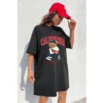 Trendseninle Pamuk Penye 110cm Siyah California Baskılı Elbise, S