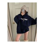 Trendseninle Retromoment Baskılı Lacivert Oversize Kapüşonlu Kadın Sweatshirt