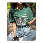 Trendseninle Seize The Day Baskılı Nefti Yeşili Oversize Kadın T-shirt