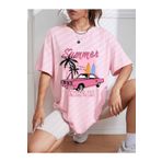 Trendseninle Summer Racing Car Baskılı Pembe Oversize Kadın T-shirt