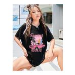 Trendseninle Summer Racing Car Baskılı Siyah Oversize Kadın T-shirt