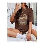 Trendseninle Tasmania Baskılı Kahverengi Oversize Kadın T-shirt