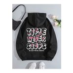 Trendseninle Time Never Baskılı Siyah Oversize Kapüşonlu Kadın Sweatshirt