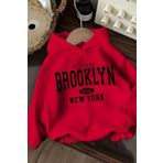 Trendseninle Unisex 3 Iplik Kırmızı Oversize Brooklyn Usa Newyork Baskılı Kapüşonlu Sweatshirt Hoodie M Ts-Usabrkllyns