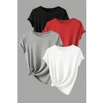 TrendSeninle Unisex 4Lü Paket Düz Oversize Tişört Siyah Kırmızı Gri Beyaz SiyahKırmızıGriBeyaz S