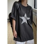 Trendseninle Unisex Antrasit Bisiklet Yaka Yıldız Baskılı Oversize T-Shirt, L