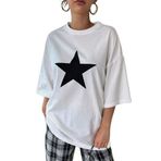 Trendseninle Unisex Antrasit Bisiklet Yaka Yıldız Baskılı Oversize T-Shirt;Beeyaz,L