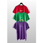 Trendseninle Unisex Brooklyn Baskılı 3'lü Paket Kırmızı-Yeşil-Mor T-Shirt, L