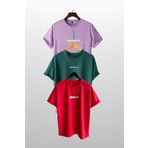 Trendseninle Unisex Brooklyn Baskılı 3'lü Paket Lila-Nefti Yeşil-Kırmızı T-Shirt, M