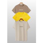 Trendseninle Unisex Brooklyn Baskılı 3'lü Paket Vizon-Sarı-Bej T-Shirt, L