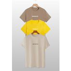 Trendseninle Unisex Brooklyn Baskılı 3'lü Paket Vizon-Sarı-Bej T-Shirt, XL