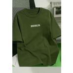 Trendseninle Unisex Erkek/Kadın Haki BROOKLYN Renkli Özel Baskı Oversize Pamuklu Bisiklet Yaka T-Shirt Tişört