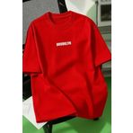 Trendseninle Unisex Erkek/Kadın Kırmızı BROOKLYN Renkli Özel Baskı Oversize Pamuklu Bisiklet Yaka T-Shirt Tişört, M