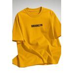 Trendseninle Unisex Erkek/Kadın Sarı BROOKLYN Renkli Özel Baskı Oversize Pamuklu Bisiklet Yaka T-Shirt Tişört