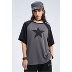 Trendseninle Unisex Füme Reglan Kol Bisiklet Yaka Yıldız Baskılı Oversize T-Shirt, M