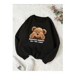 Trendseninle Utangaç Ayıcık Siyah Baskılı Bisiklet Yaka Kadın Sweatshirt