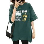Trendseninle Vintage Drink Baskılı Nefti Yeşil Oversize Kadın T-shirt