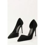 Trendy Anka Kadın Siyah Asimetrik Ince Topuklu Süet 9cm Topuklu Yanı Yırtmaçlı Stiletto Klasik Topuklu Ayakkabı - Siyah Süet
