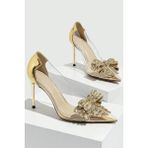 Trendy Anka Lady Princess Gold Altın Şeffaf Nude Fiyonk Toka Taşlı 8 cm Ince Topuklu Düğün Nişan Abiye Ayakkabı