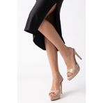TrendyAnka Kadın Nude Ten Bej Parlak 10Cm İnce Platform Topuklu Sivri Burunlu İnce Topuk Sivri Burun Sandalet Ayakkabı Terlik Nude