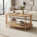 tridihome Iskandinav Tarzı Masif Ahşap Oval Orta Sehpa Çift Katlı Raflı Salon Ofis Sehpası 50X90X43 cm - kahverengi