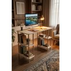 Tridihome Traverten Doğal Taş Rengi Çalışma Masası Raflı Modern Tasarım Kolay Kurulum Dayanıklı Kullanışlı - 60x120 - Kum Beji - Ceviz