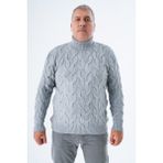 Trist Star Büyük Beden Erkek Gri Balıkçı Yaka Pirinç Saç Örgülü Yün Triko Örme Kazak TRIST-2118 - 5XL