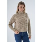 Trist Star Kadın Bej Oversize Balıkçı Yaka Selanik Saç Örgülü Yün Özel Iplik Triko Örme Kazak TRIST-6163 - L - XL