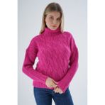 Trist Star Kadın Fuşya Oversize Balıkçı Yaka Selanik Saç Örgülü Yün Özel Iplik Triko Örme Kazak TRIST-6163 - L - XL