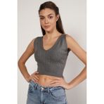 Trist Star Kadın KOYU GRİ Organik Pamuk Likralı Crop Triko Atlet Örme Bluz TRIST-6109 - Koyu Gri - XS