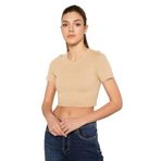 TRİST STAR Kadın Likralı Crop Bluz Trist-6125, Koyu Bej - XS