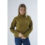 Trist Star Kadın Olive Oversize Balıkçı Yaka Selanik Saç Örgülü Yün Özel Iplik Triko Örme Kazak TRIST-6163 - L - XL