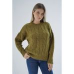 Trist Star Kadın Olive Oversize Bisiklet Yaka Saç Örgülü Yünlü Özel Iplik Triko Örme Kazak TRIST-6167 - S - M