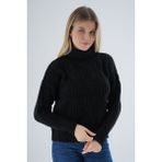 Trist Star Kadın Siyah Oversize Balıkçı Yaka Selanik Saç Örgülü Yünlü Özel Iplik Triko Örme Kazak TRIST-6159 - L - XL