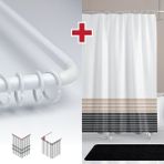 Tropik Home Çizgili Desen Banyo Perdesi Askı Hediyeli 180X200CM Tek Kanat Beyaz Duş Perdesi, L Boru Hediyeli - Bej - Siyah - 180 x 200 cm