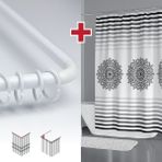 Tropik Home Etnik Desen Banyo Perdesi Askı Hediyeli 180X200CM Tek Kanat Duş Perdesi, L Boru Hediyeli - Siyah - Beyaz - 180 x 200 cm