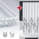 Tropik Home Funda Desen Banyo Perdesi Askı Hediyeli 180X200CM Tek Kanat Duş Perdesi, L Boru Hediyeli - Siyah - Beyaz - 180 x 200 cm