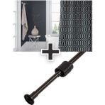 Tropik Home Polyester Kumaş Etnik Desen Siyah Banyo Perdesi Siyah Askı Aparatı Hediyeli C-Halkalı Duş Perdesi