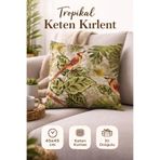 Tropikal Kuş Desenli Keten Dokulu Dekoratif Kırlent – 45x45 cm