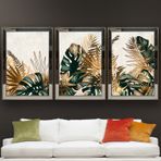 Tropikal Yapraklar-4 Temalı Aynalı Çerçeveli 3 lü Kanvas Tablo Seti 150x70 cm SETS0234
